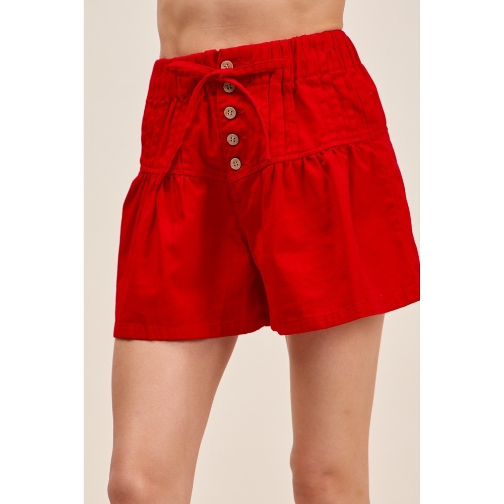 SO ME Solid Twill Denim Pintucked Buttoned Shorts With Waist Tie - Large‎